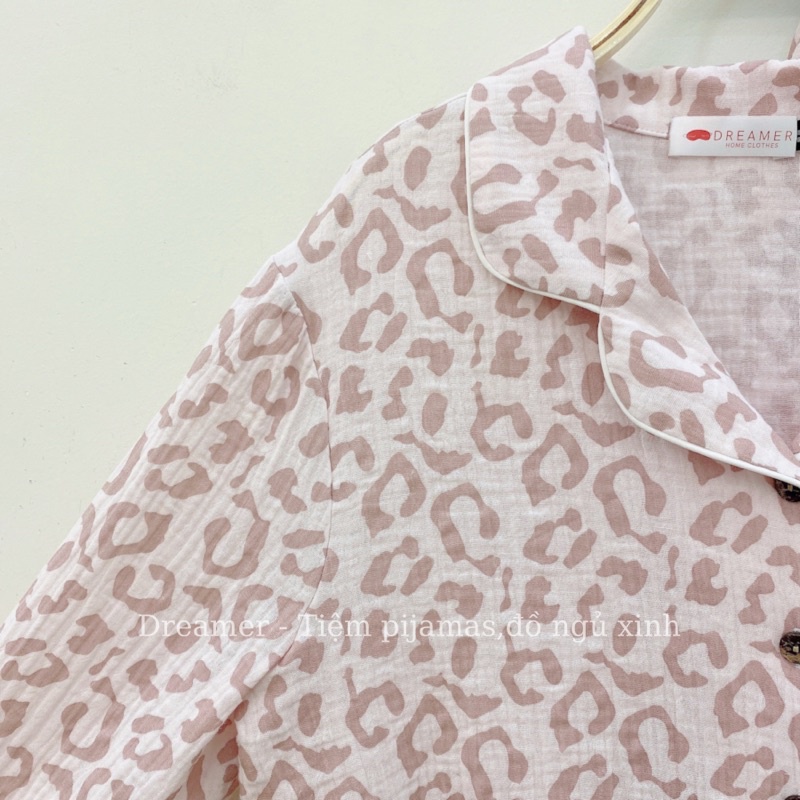 Bộ mặc  Đồ Ngủ Pijama, Đồ Bộ Nữ Mặc Nhà Xô Muslin Tay dài quần dài da beo hồng - Dreamern/ hà
