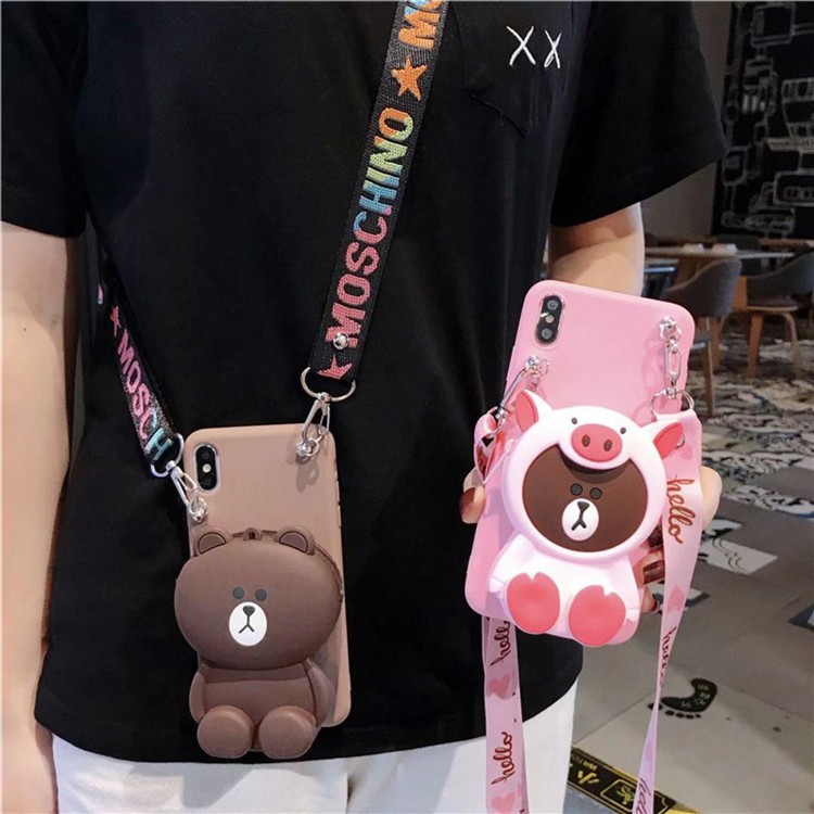 Ốp điện thoại hình gấu nâu Kitty Sesame Street hoạt hình dạng ví có khóa kéo và dây đeo cho iPhone 7 8 Plus X XS Max XR