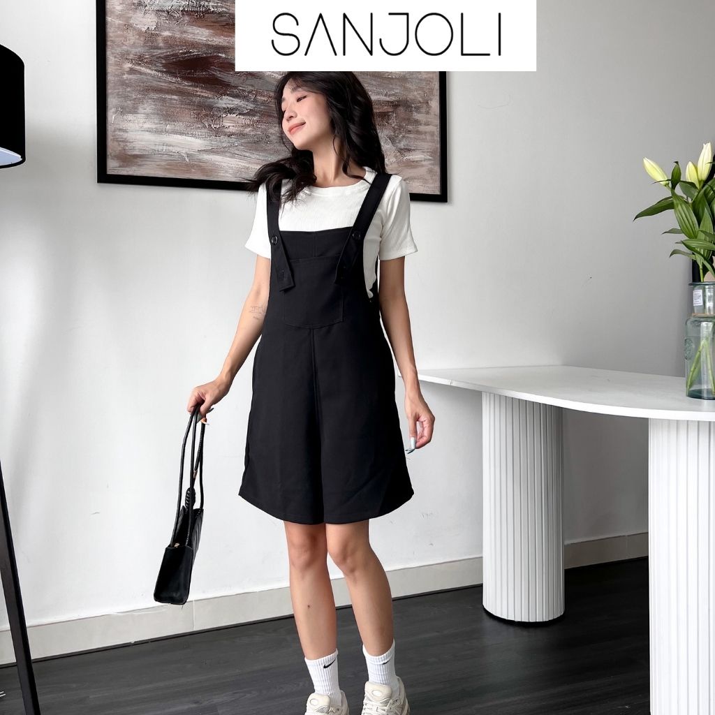 Quần yếm ngắn nữ form rộng dây đeo có thể điều chỉnh vải cotton vintage Sanjoli QD005