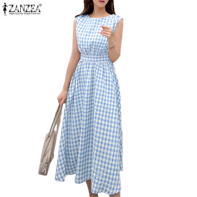 Đầm ZANZEA maxi không tay in sọc caro thời trang Hàn Quốc dành cho phái nữ