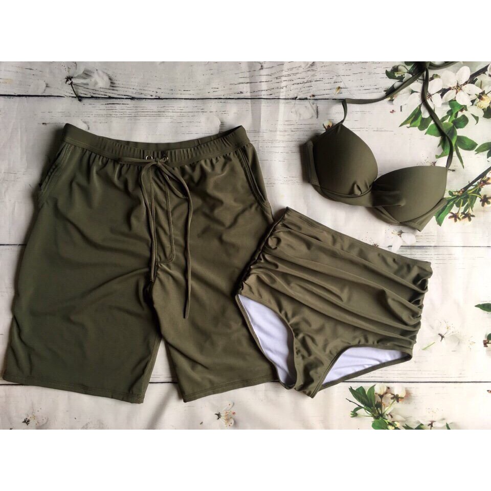 Đồ bơi đôi đi biển nam nữ kèm áo bikini nữ chất thun màu rêu ( Ảnh chụp thật 100%)