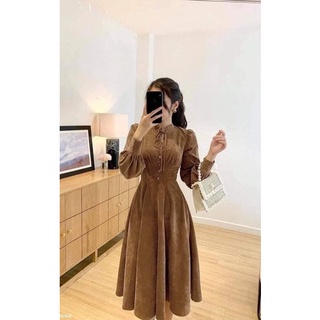 Váy nhung nơ cổ ly eo chân váy xoè nâu tây