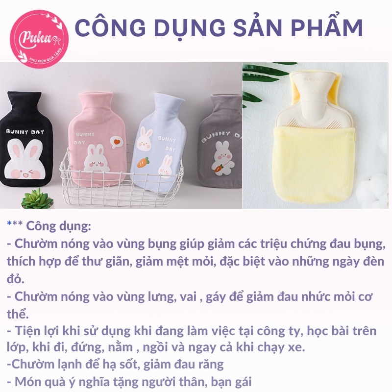 Túi chườm nóng lạnh PUHA 350ml, chườm ấm nóng giảm đau bụng kinh cho nữ, túi sưởi ấm giữ nhiệt đa năng