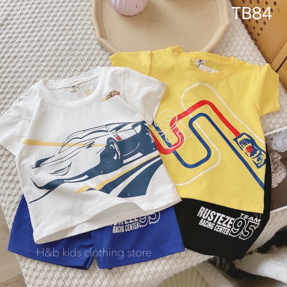 Bộ cộc tay bé trai vải cotton mềm mịn, thoáng mát, in hình ô tô đua siêu ngầu size từ 8 - 30 kg