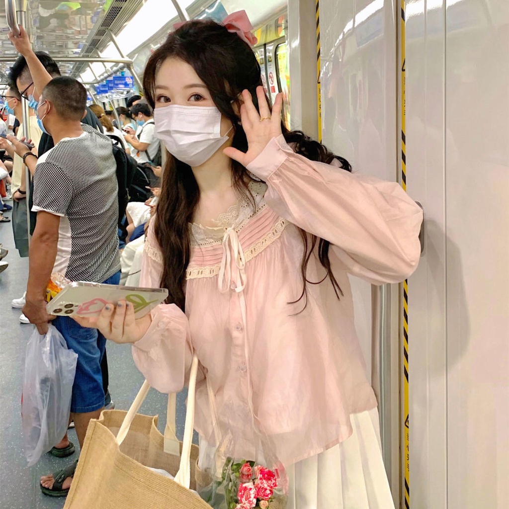 Áo Kiểu Tay Dài Cổ Vuông Phối Ren Phong Cách Hàn Quốc Ngọt Ngào Cho Nữ  tao bao