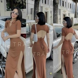 Siêu hot đầm cổ bẻ chất thun gân hở lưng sau cột dây k có mút klng