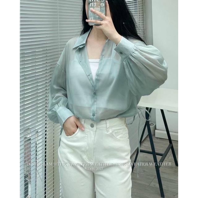Áo sơ mi tơ voan buộc hông trong suốt/ sơmi voan dài tay