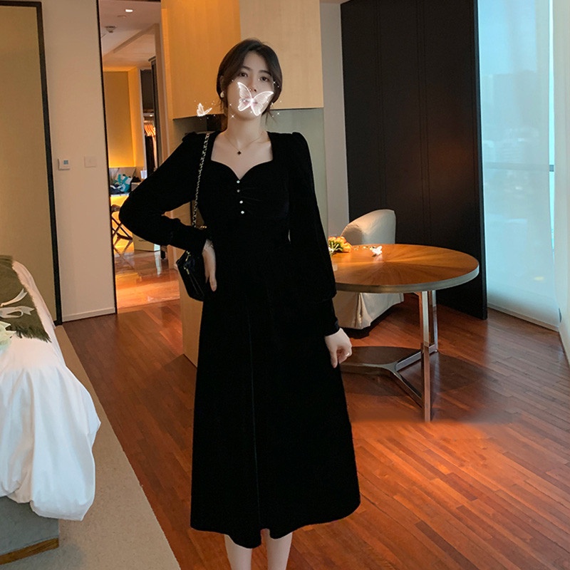 Đầm dài bằng vải nhung màu đen phong cách Pháp Hepburn cổ điển IELGY