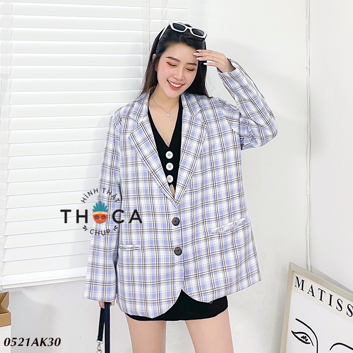 Áo vest nữ khoác blazer 2 lớp túi mổ caro tím trắng THOCA HOUSE thanh lịch công sở hiện đại