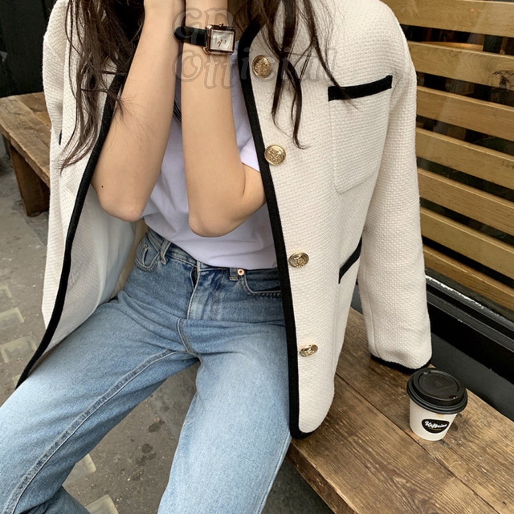K10|Áo khoác cổ tròn retro có túi nữ dài tay chất tweed màu trắng, đen gd_order