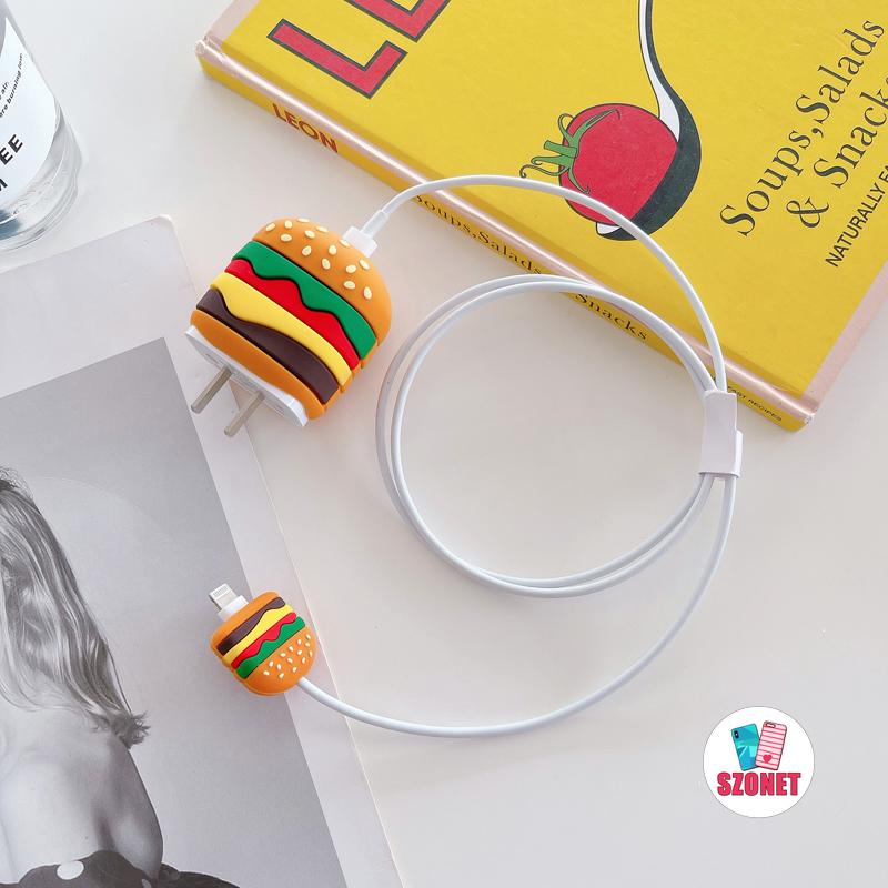 Ốp điện thoại silicon mềm hình gấu/hamburger/bánh hamburger bảo vệ đầu dây cáp sạc USB cho iPhone 18W 20W