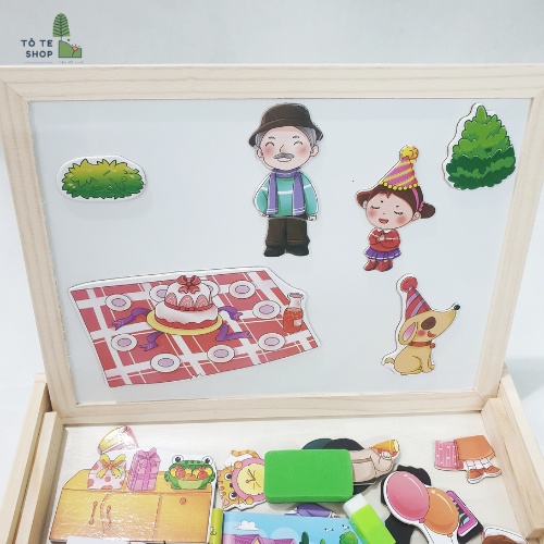 Xếp hình nam châm chủ đề gia đình , lắp ráp trang phục gia đình Family Member kèm bảng 2 mặt , phấn và bút dạ MWZ-2069
