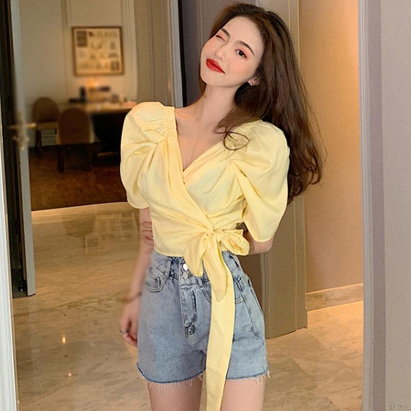 Áo Kiểu Nữ Ngắn Tay Cổ Chữ V Thời Trang Hàn