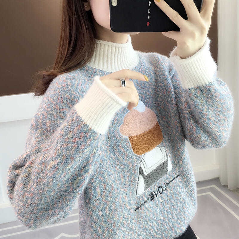 Áo Sweater Dệt Kim Cổ Lọ Tay Dài Dáng Rộng Dễ Thương Xinh Xắn Cho Nữ