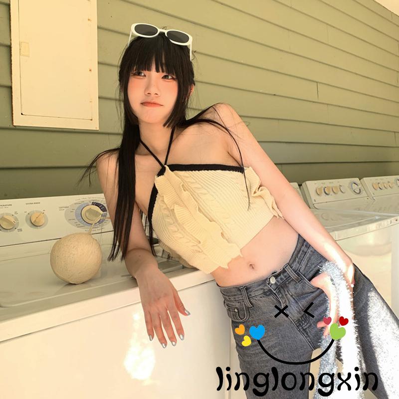 ◑XP♣Ladies Slim Midriff-baring Tank Top, Women Leisure Style Contrast Color Hanging Neck Splicing Backless