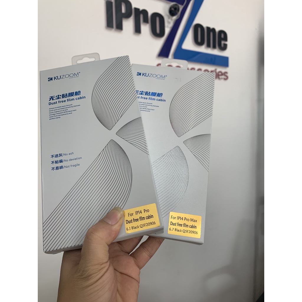 Kính Cường Lực Kuzoom Kèm Khung Hỗ Trợ Tự Dán Cho IP 14 Series 13 Series - Tự Kéo Bụi, Ko Bị Bọt, Chính hãng Kuzoom