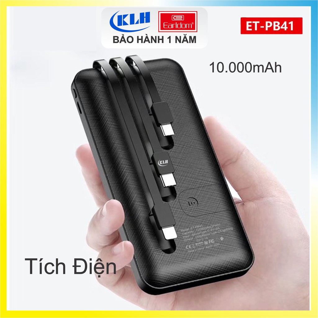 Sạc dự phòng 10000mAh Earldom PB41, pin tích điện dung lượng cao kèm 3 đầu cáp KLH shop