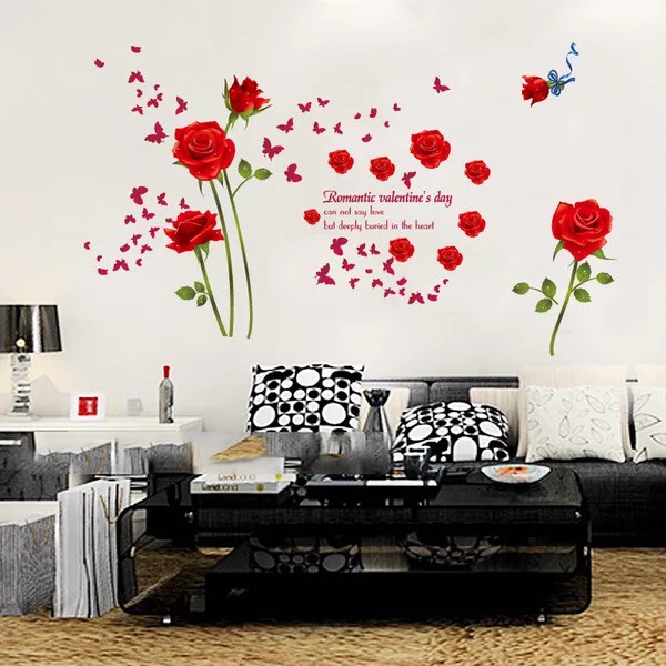 Decal trang trí tường Hoa Hồng Đỏ bông nhiều