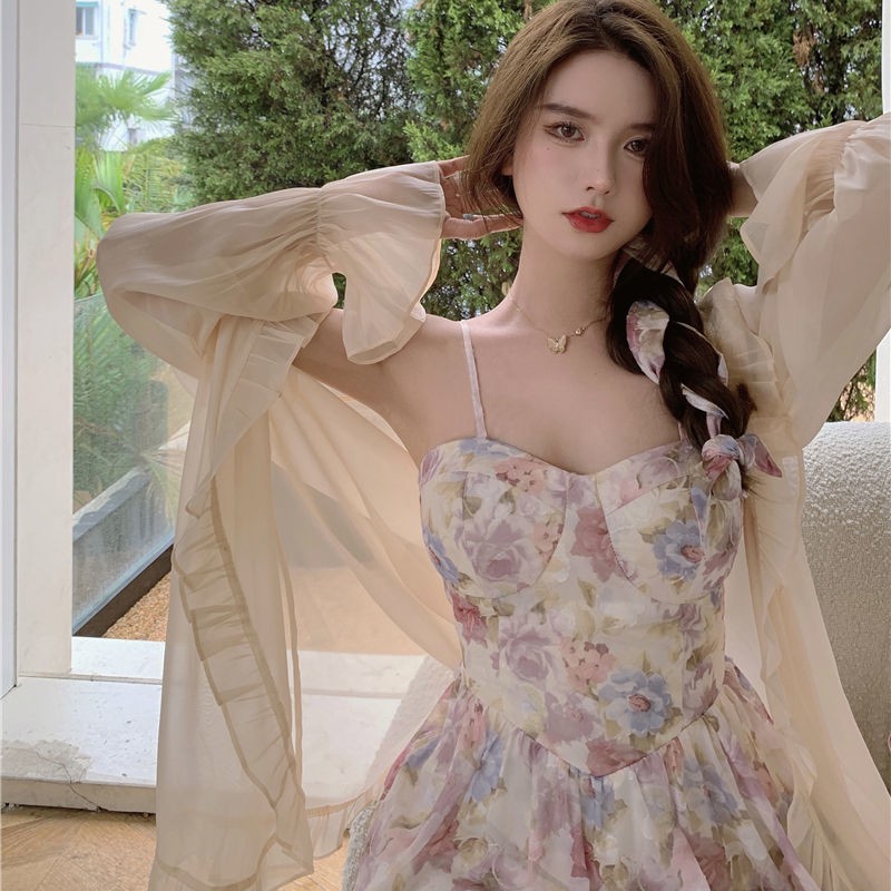 Bộ Đầm Hoa Hai Dây + Áo Khoác Cardigan Chống Nắng Thời Trang Mùa Hè Phong Cách Pháp Cho Nữ