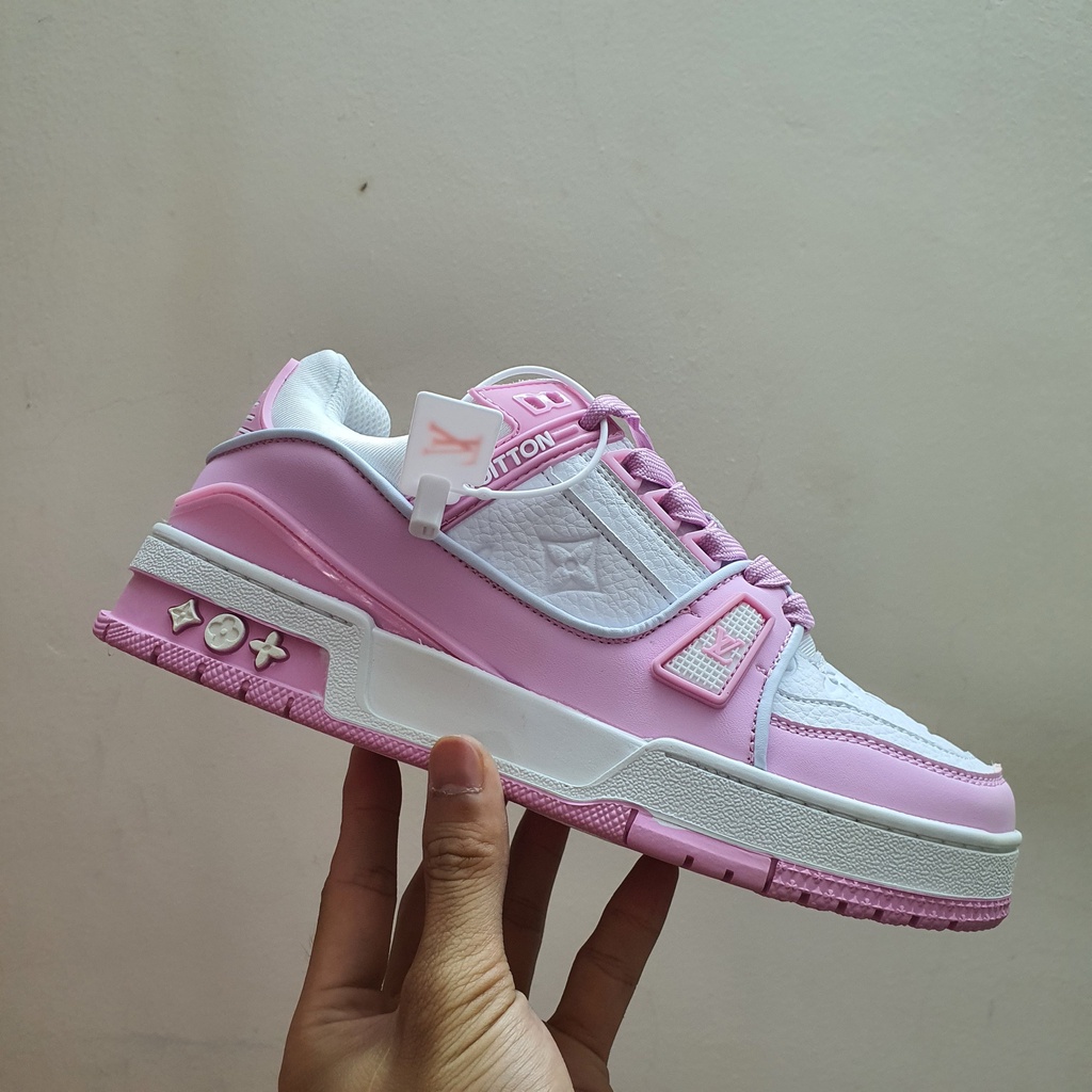 Giày LV Trainer Hồng Fullbox, Giày thể thao lv trainer hồng cá tính da nhăn cực đẹp hot trend 2022