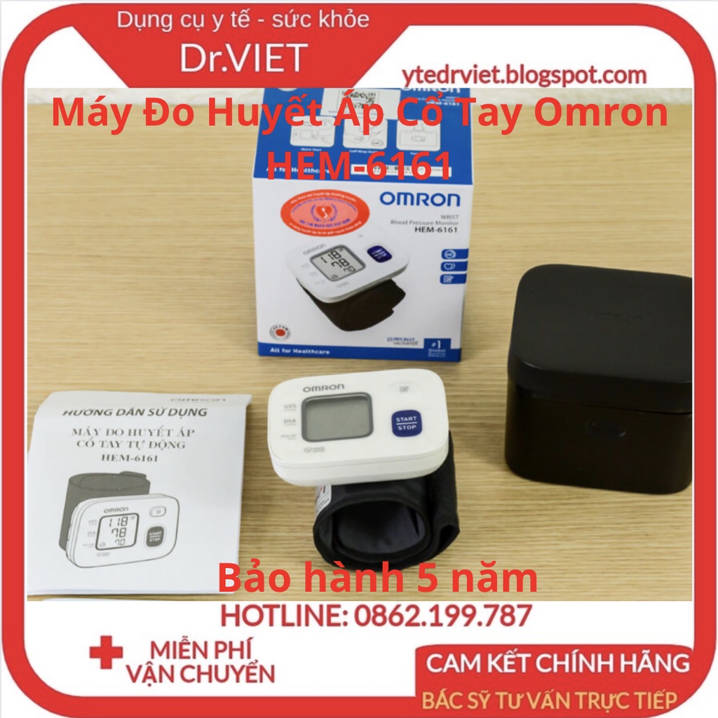 Máy đo huyết áp cổ tay Omron HEM-6161 cao cấp - Đo huyết áp nhịp tim,đo tự động và chính xác,cảnh báo nhịp tim- Drviet