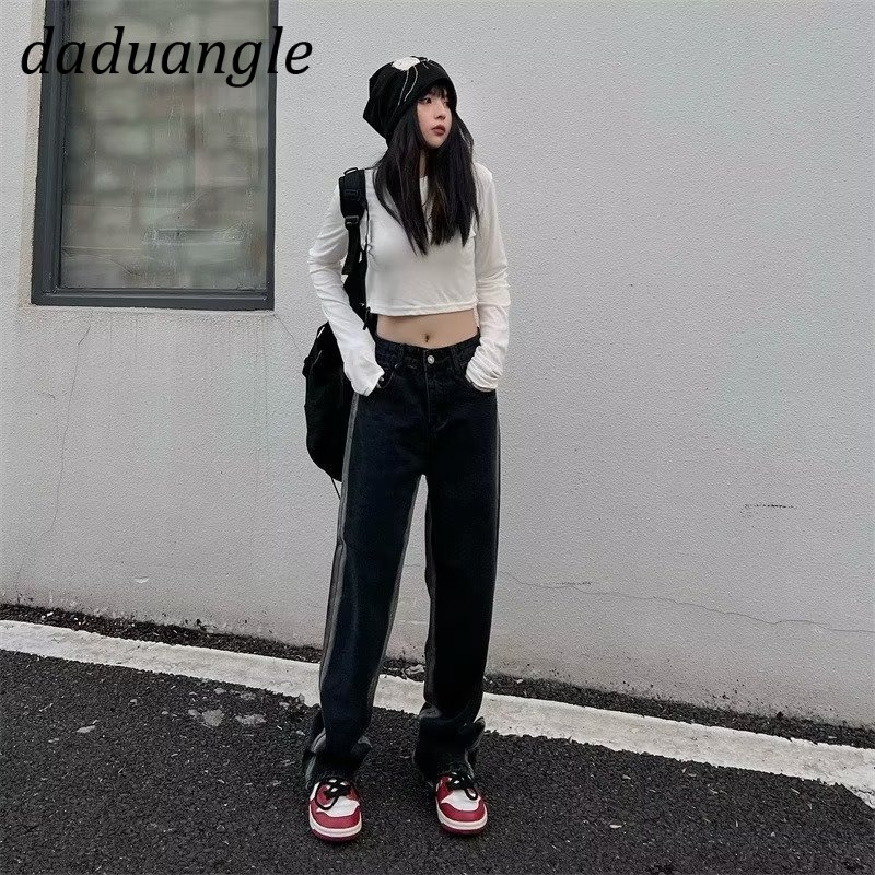 Quần jean Daduhey màu đen phối Gradient lưng cao ống rộng thời trang đường phố Mỹ cao cấp cho nữ