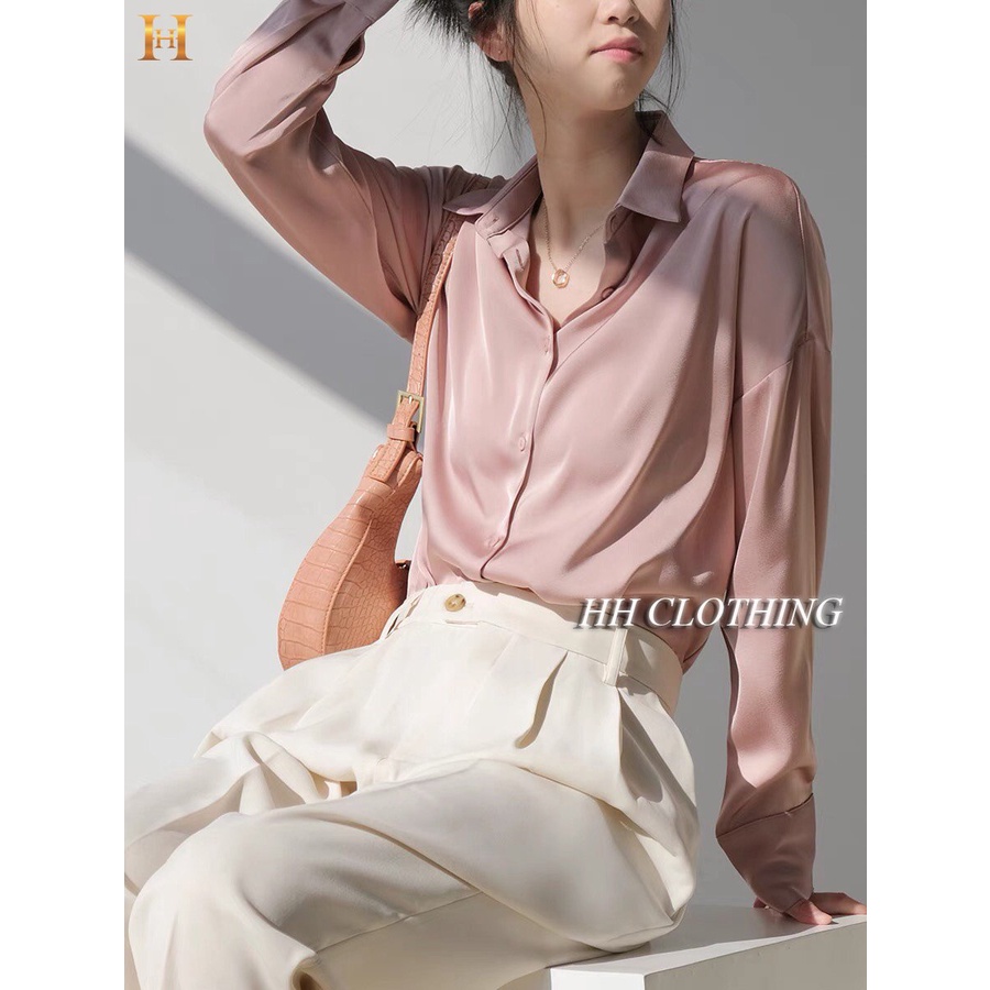 Áo Sơ Mi Lụa Trơn Dài Tay Style Hàn Quốc Form Rộng, Chất Liệu Cao Cấp