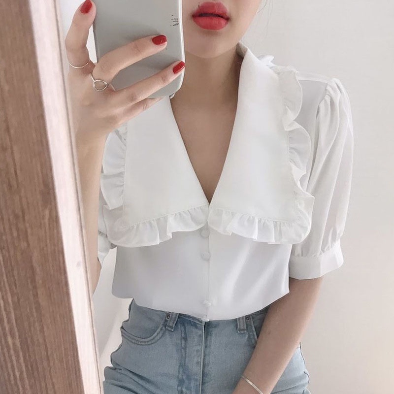 IELGY Áo Sơ Mi chiffon Tay Ngắn Dáng Rộng Cổ Búp Bê Màu Vàng Và Trắng Dành Cho Nữ