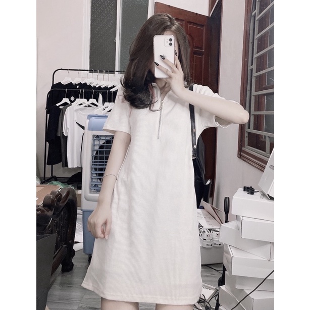 [ HÀNG CÓ SĂNX] Váy polo suông, cổ khoá, freesize, co giãn tốt, chất liệu len tăm, có 2 màu trắng và hồng | BigBuy360 - bigbuy360.vn