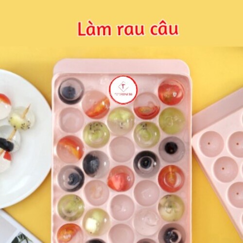 Khay làm đá viên tròn thông minh có nắp đậy bằng nhựa 33 viên khuôn rau câu để tủ lạnh màu xanh trắng hồng