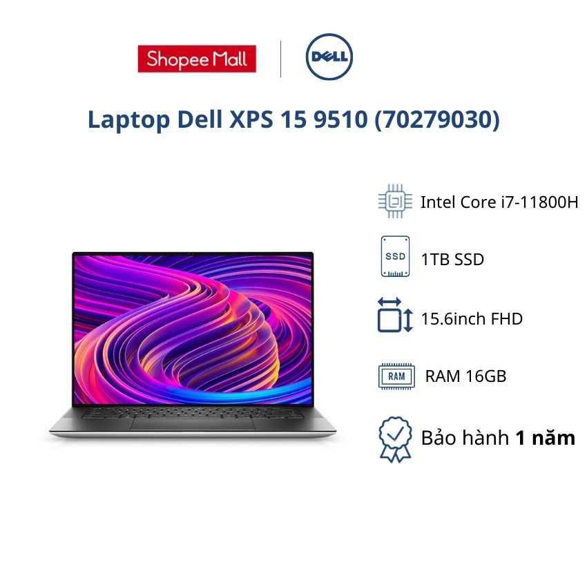 Laptop Dell XPS 15 9510 (70279030)/ Silver/ i7-11800H/ RAM 16GB/ 1TB SSD/ NVIDIA GeForce RTX 3050 Ti 4GB/ 15.6''FHD
