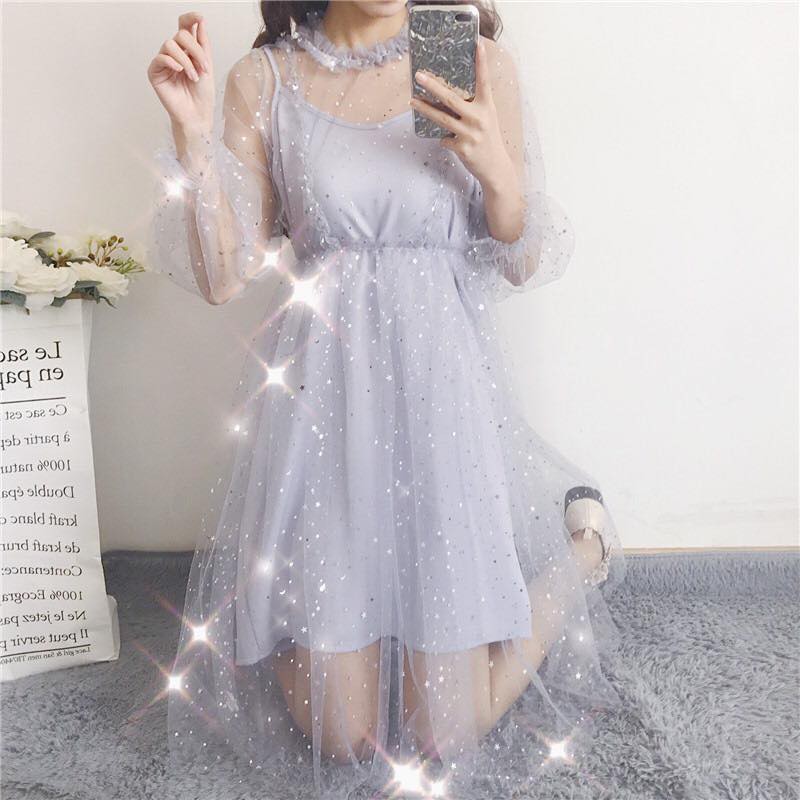 Đầm ulzzang voan nhũ đính họa tiết sao VD016(có ảnh thật)