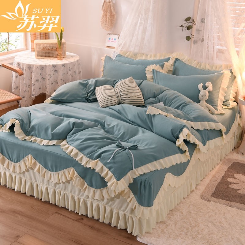 Bộ chăn ga gối 4 mảnh kiểu công chúa giường ren Hàn Quốc màu tinh khiết bông dày phủ cát trải lưới đỏ <