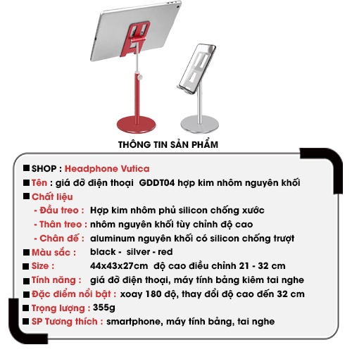 Giá đỡ điện thoại, máy tính bảng nhôm  GD02 có đế chống trượt , tùy chỉnh độ cao độ nghiêng