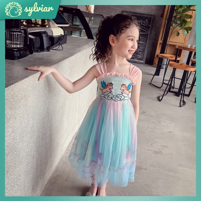 Đầm Lưới Chiffon Mùa Hè In Họa Tiết Hoạt Hình Cho Bé Gái 3-8 Tuổi