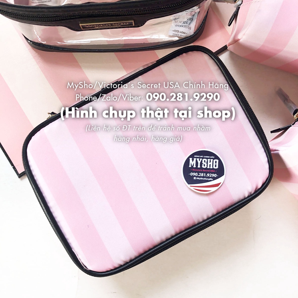 Bộ túi trang điểm sọc hồng siêu xinh, gọn nhẹ - Hàng nhập Victoria's Secret USA
