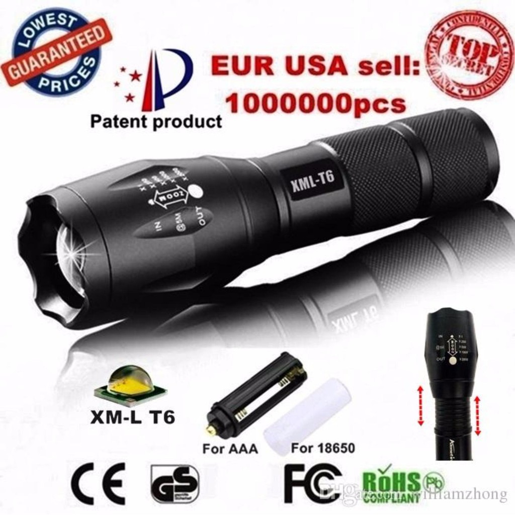 Đèn pin siêu sáng cầm tay bóng Led Xml-T6 có zoom hồng ngoại cự ly chiếu xa 500m,chất lượng cao pin trâu