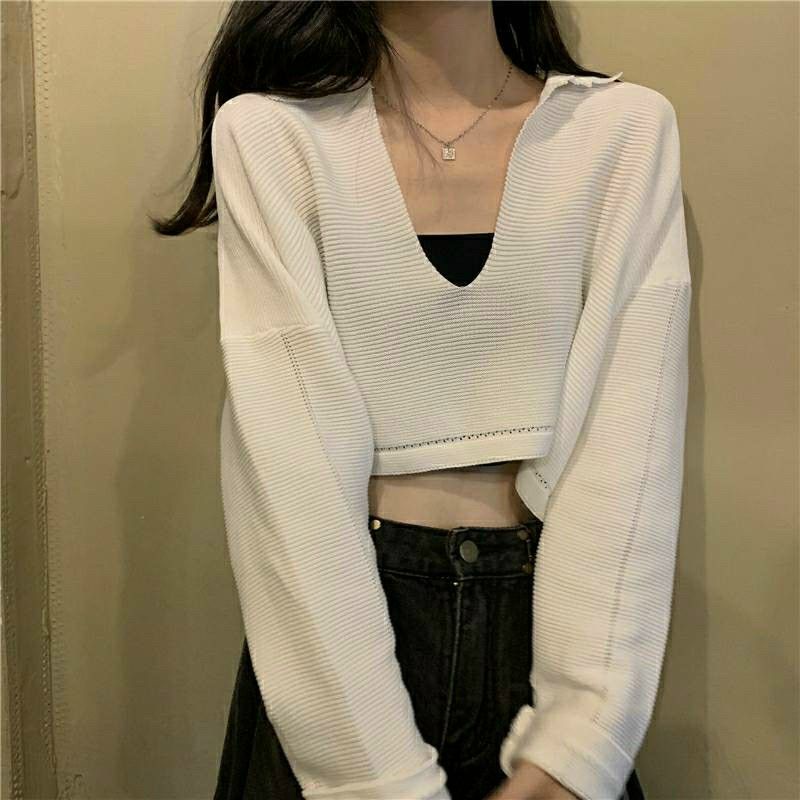 Áo thun phôm rộng Croptop Cổ V tay dài (A15)