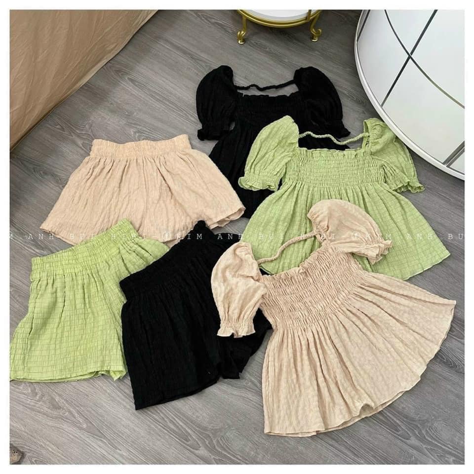 Đồ bộ nữ set bộ đũi nhăn xốp bo chun ngưc mặc nhà thời trang