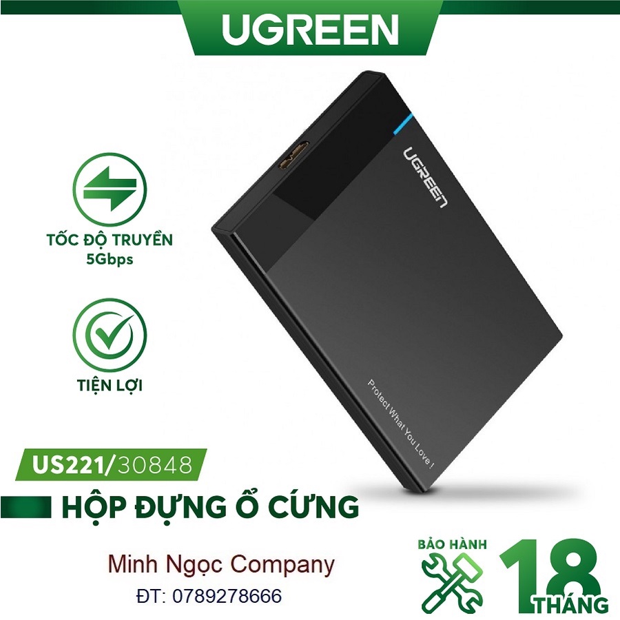 Hộp đựng ổ cứng 2.5 inch SSD, HDD hỗ trợ 6TB, chuẩn SATA UGREEN 30848 US221 vỏ nhựa ABS ( dây cáp rời )