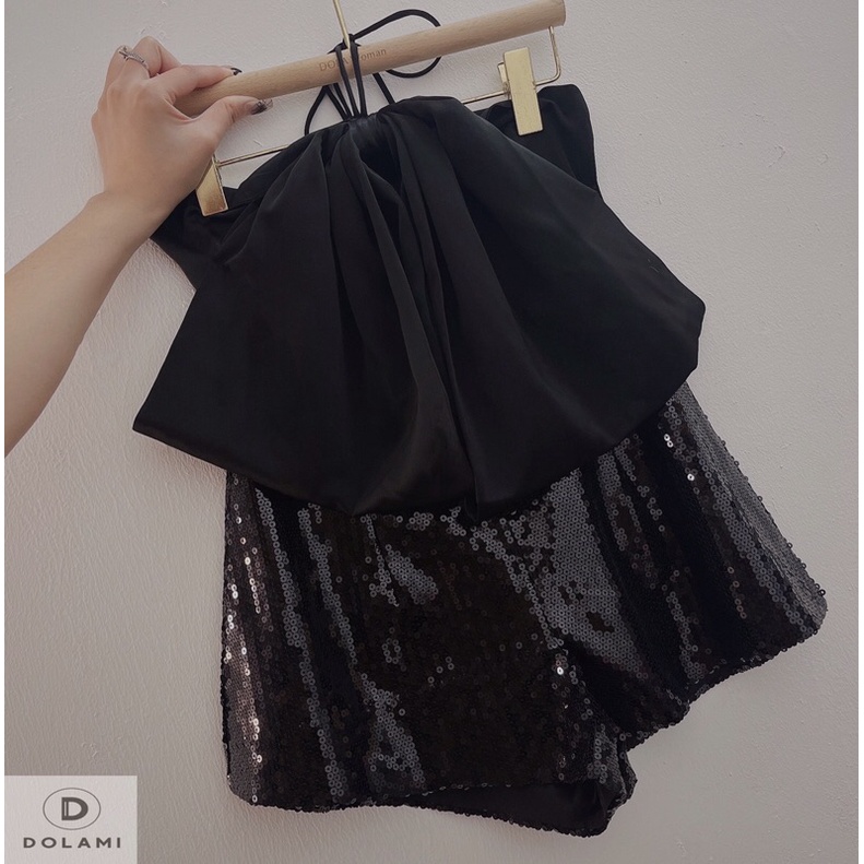 Jumpsuit short nơ ngực phối kim sa