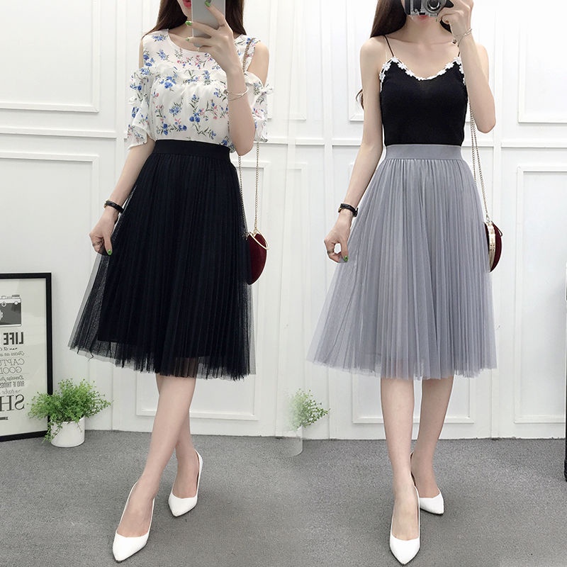 Gauze skirt Four Seasons New pleated A- line skirt high waist slimming versatile skirt fairy skirt fresh gauze skirt
