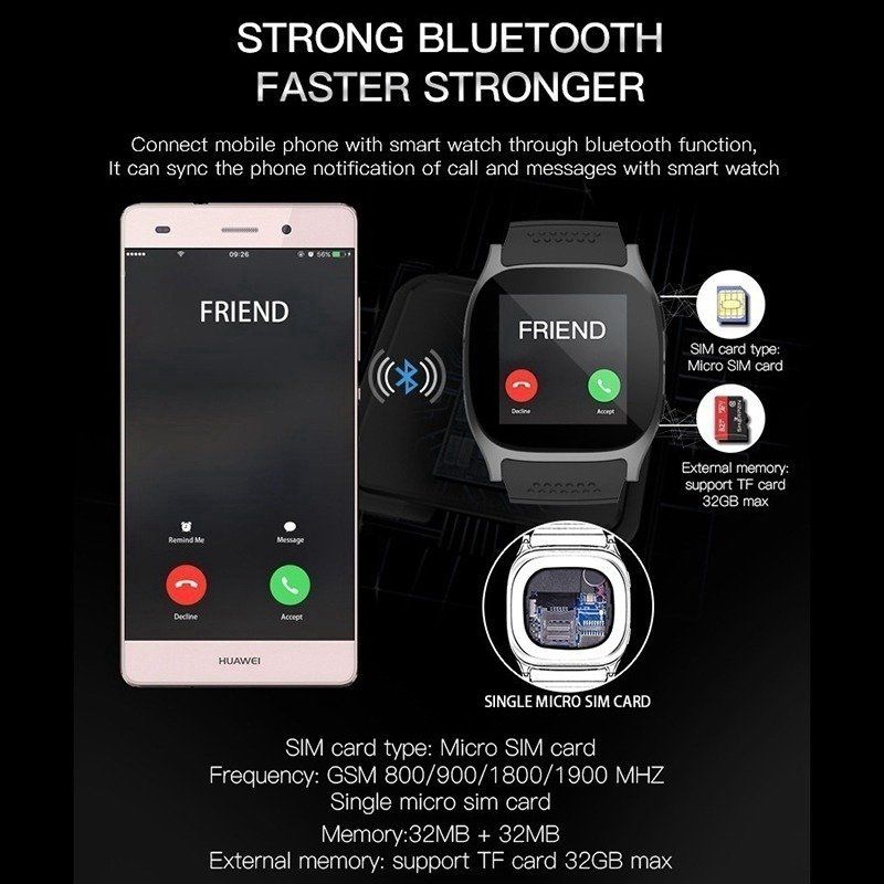 ⋐⋐ With Camera Bluetooth T8 Smart Watches Pedometer GSM SIM Sports Fitness  Waterproof Wrist Watch For iPhone Samsung Phone 【nuuo】