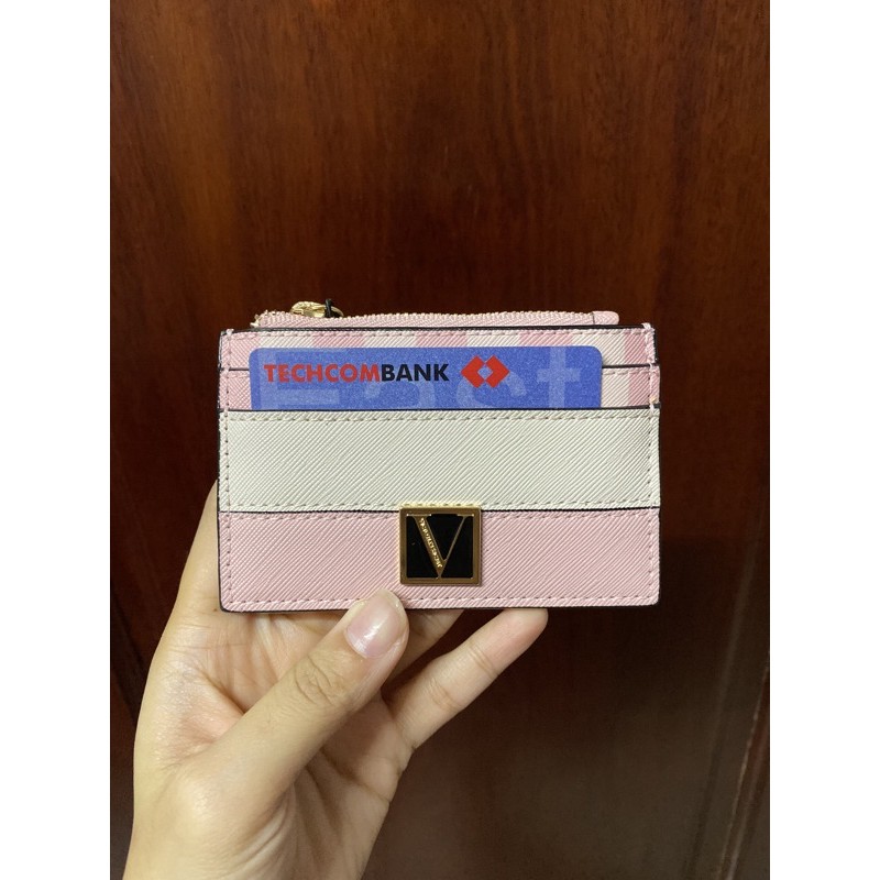 BILL US - Ảnh thật - Ví đựng thẻ và tiền Victoria Secret có móc khóa màu đen, sọc hồng, hồng đậm nhạt