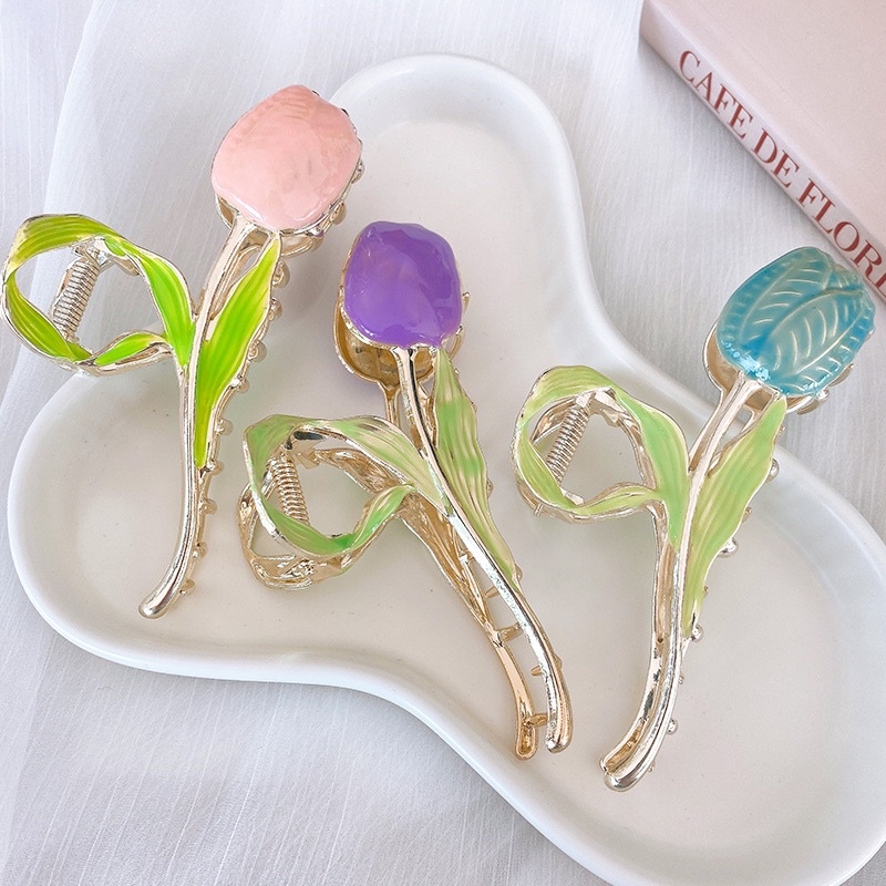 Kẹp tóc hoa tulips kẹp tóc kim loại khí chất hình bông hoa phong cách Hàn Quốc thanh lịch nhẹ nhàng