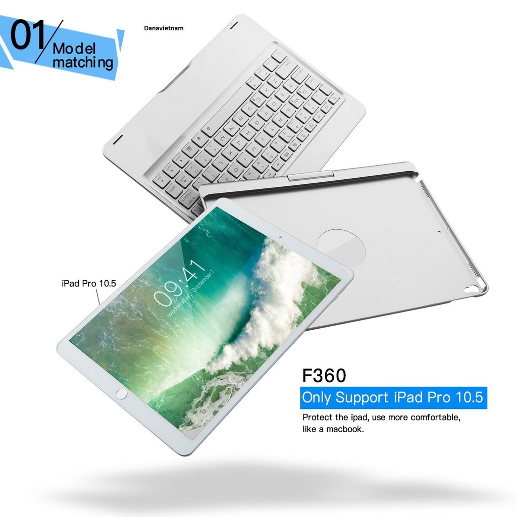 Bàn phím bluetooth kiêm ốp lưng F360 cho iPad Pro 10.5'' xoay 360 độ (Bạc) tặng cáp sạc iPhone