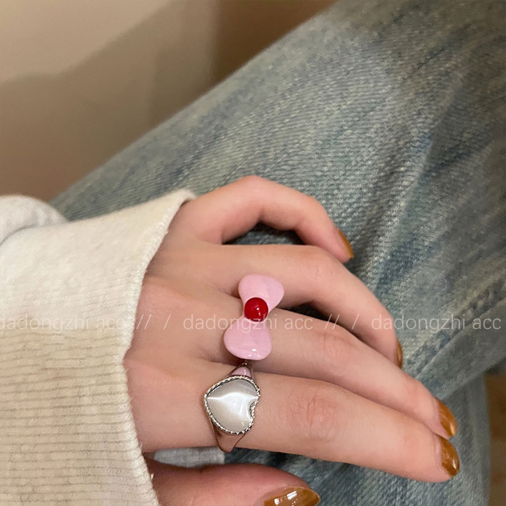 Nhẫn Hở Hình Nơ Đính Đá Mặt Trăng Màu Hồng Xinh Xắn