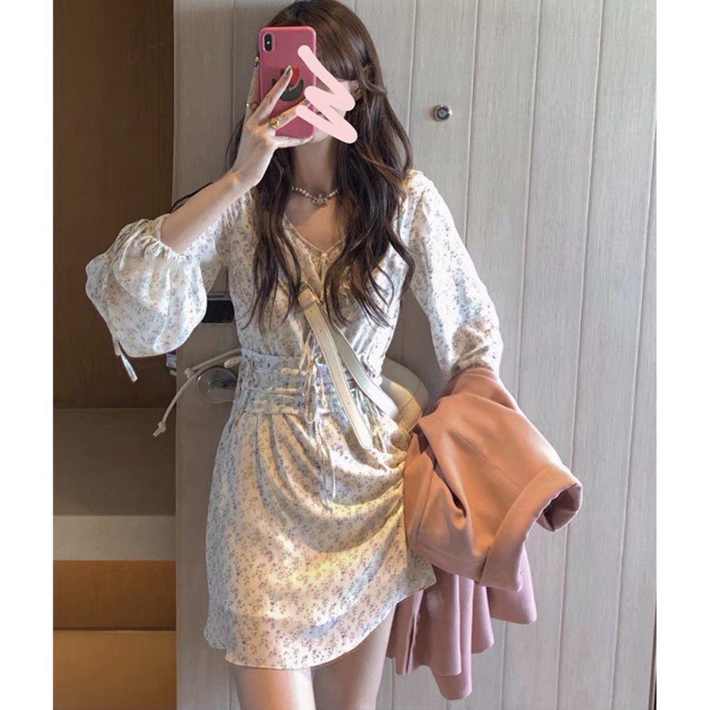 Đầm - Váy hoa nhí cổ bèo dáng xòe kèm corset ulzzang