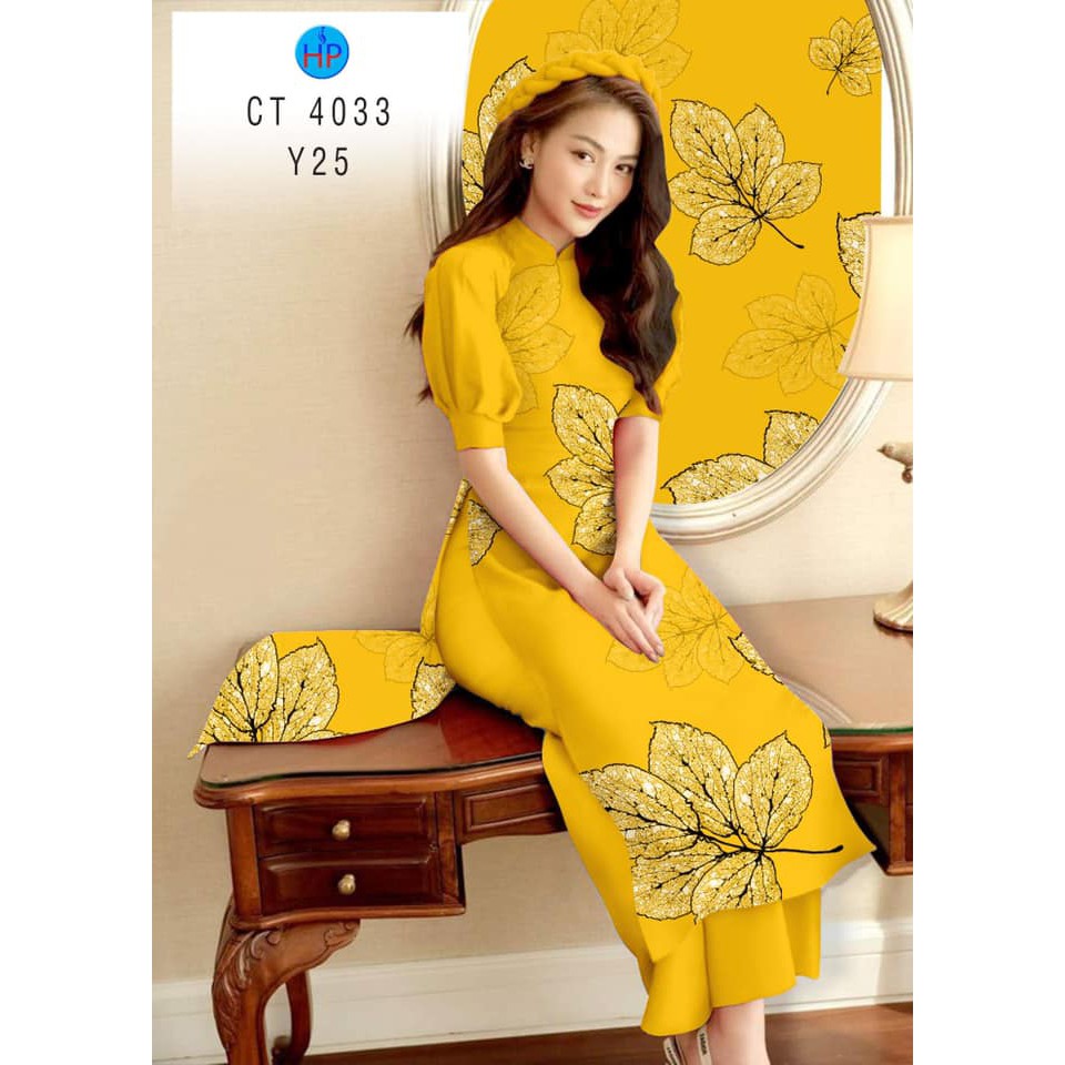 Vải áo dài in 3D chìm họa tiết lá vàng đẹp, chất lụa mềm, hình thật HOT