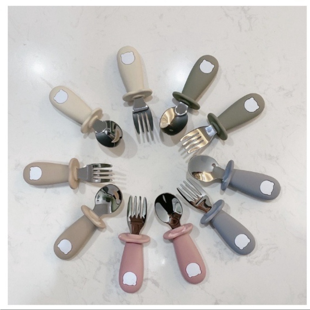 Set thìa - nĩa Silicon hình gấu Bar rot cho bé tập ăn dặm - Barrot